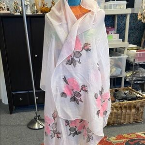 Floral Sheer Wrap with Pink Roses 100% viscose 26x72 oversized scarf